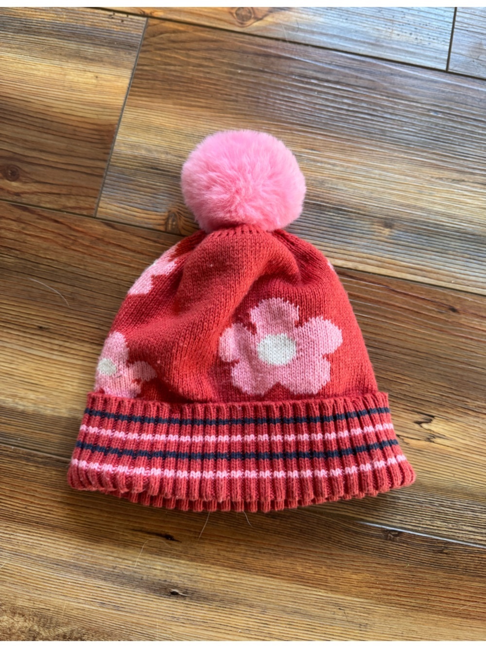 Small kids Pink Floral Pom Pom Beanie Hat